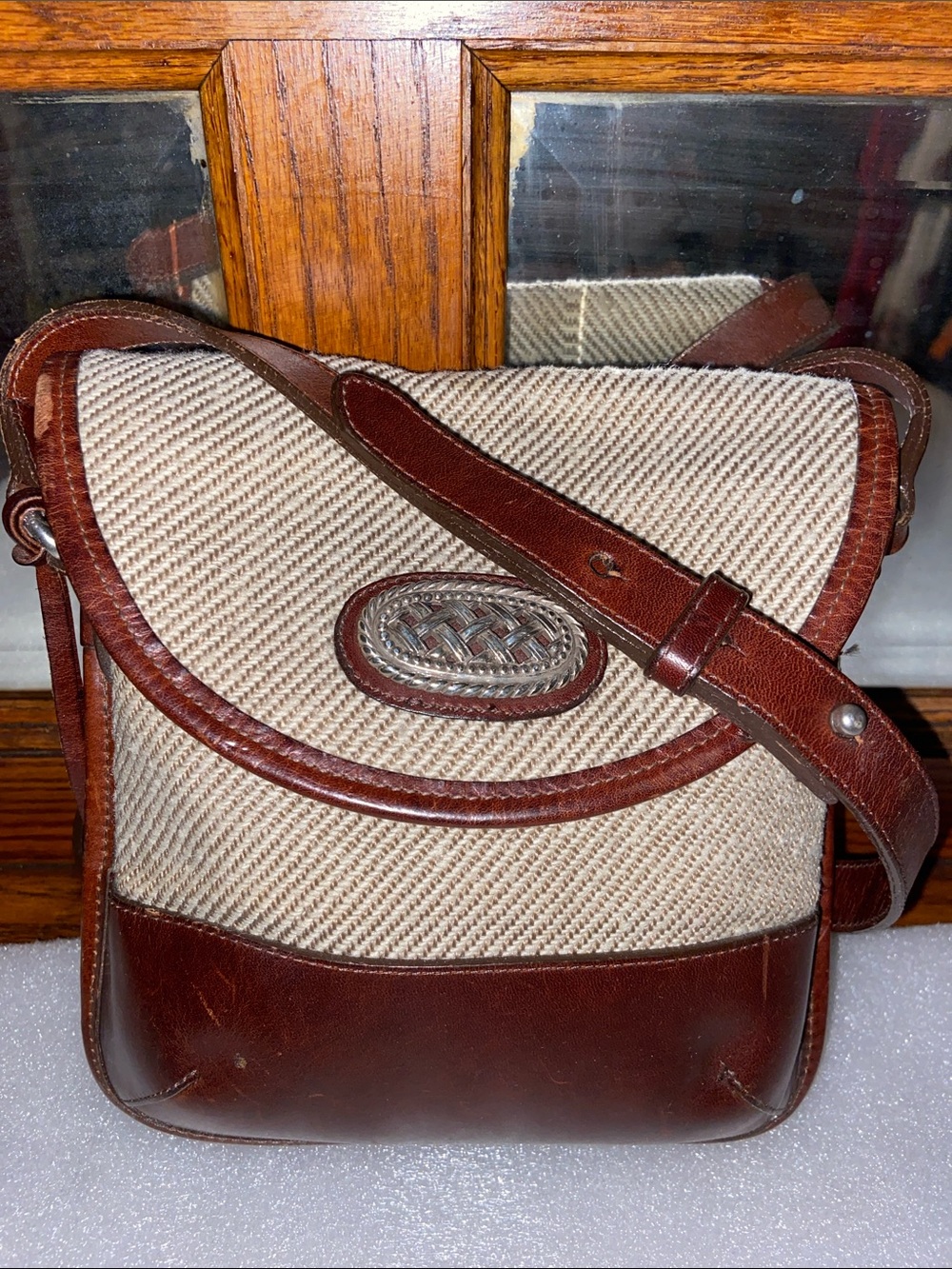 Vintage Brighton Brown Leather & Tweed Messenger Crossbody Bag